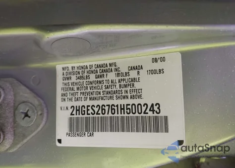 2001 Honda Civic Ex from USA, damaged, VIN 2HGES26761H500243